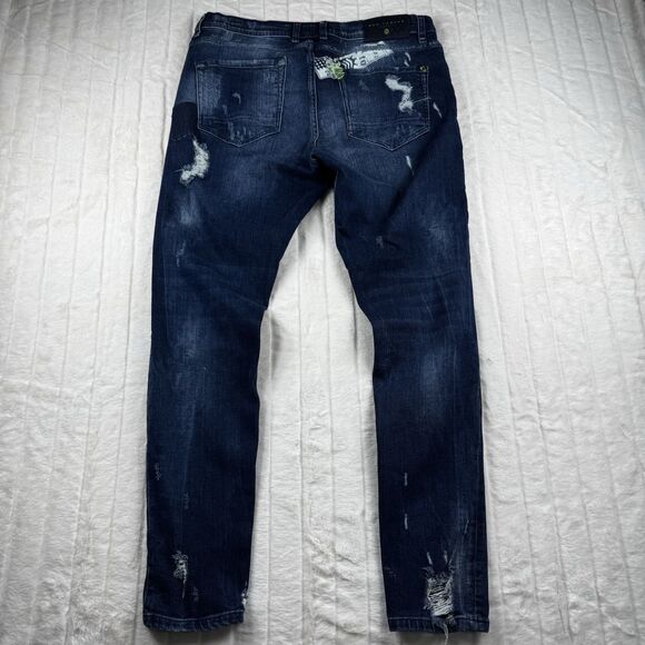 Ron Tomson Logo Graphic Distressed Jeans Men 34x30 Slim Straight Stretch Luxury - Picture 2 of 16